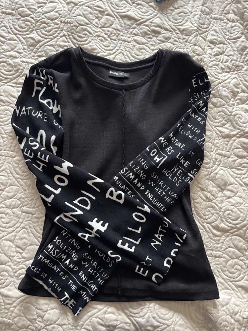 Desigual Black Long Sleeve Top with White Graphic Sleeves